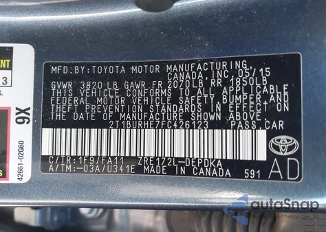 2015 Toyota Corolla L from USA, damaged, VIN 2T1BURHE7FC426123